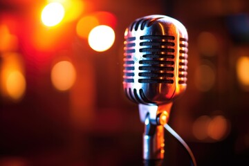 Jazz Revival Classic vintage microphone backlit by warm stage lights with a bokeh effect