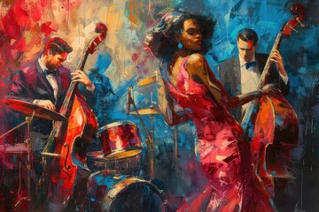 Colorful abstract painting capturing the dynamic essence of a jazz band performance - obrazy, fototapety, plakaty