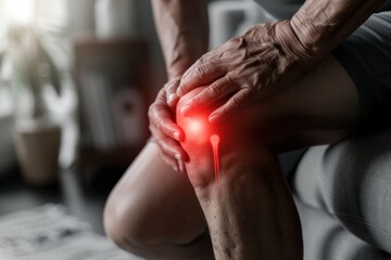 Elderly person holding a knee in pain, highlighted with red to denote discomfort