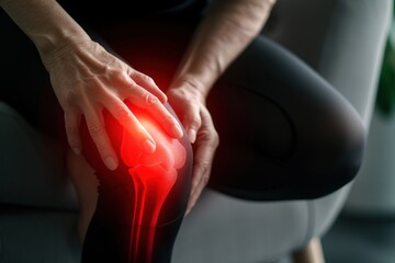 Elderly person holding a knee in pain, highlighted with red to denote discomfort