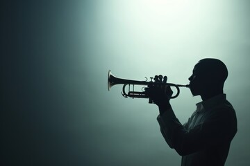 Jazz trumpeter playing passionately on stage, backlit with dramatic lighting - obrazy, fototapety, plakaty
