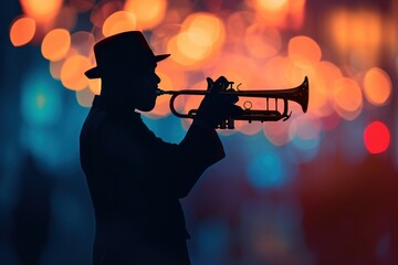 Jazz Revival Silhouette of a jazz musician playing the trumpet - obrazy, fototapety, plakaty