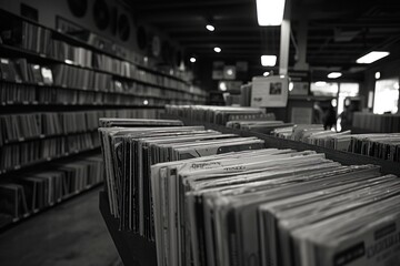 Black and white photo of vinyl records in a store