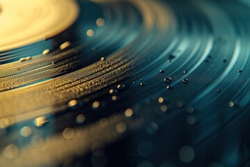 Vinyl record grooves highlighted by water drops and warm lighting