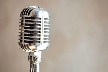 Vintage microphone with ample copy space on a light background.