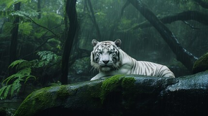 White Tiger Resting In The Jungle In Rain