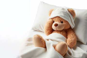 Fototapeta premium Teddy bear laying in bed and feeling sick isolated on solid white background. ai generative