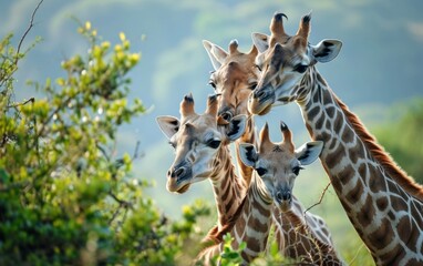 Close up shot of a giraffe family