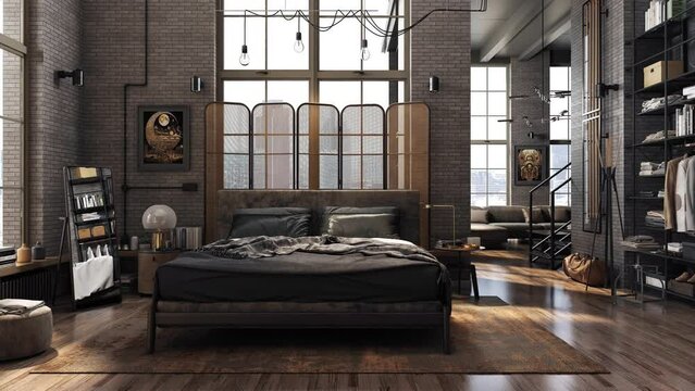 Animation of a loft modern bedroom with living room in the back ground. Presenting the same interior in different color versions with changing decors and finishing materials. 3D animation.