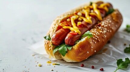 Close up shot of a gourmet pretzel bun hot dog against white background