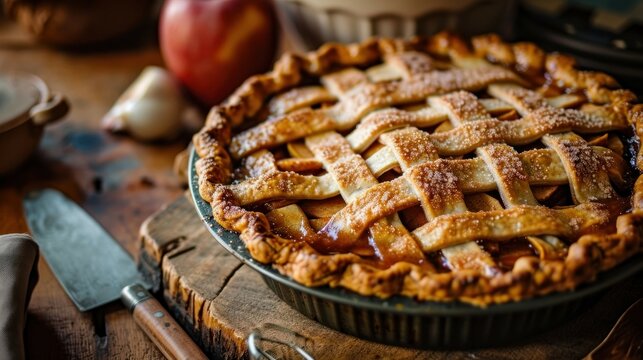 Lattice Topped Apple Pie against a farmhouse kitchen background