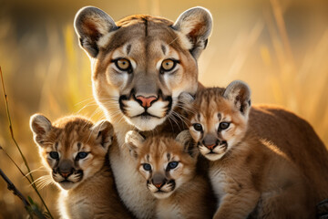 Obraz premium mother female cougar with her young ones, litter of kittens. little cougar cubs, cuddles together. family, motherhood in animals. wildlife.
