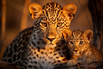 mother leopard with her young one. female and kitten. little leopard cub, cuddles together. family, motherhood in animals. wildlife.