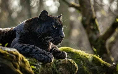 Tuinposter  black panther resting majestically on a moss covered rock © sitifatimah