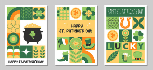 Fototapeta premium St. Patrick's Day set of modern backgrounds for branding cover, poster, banner. Abstract vector geometric covers for your design.Template banners with geometric pattern for traditional Irish holiday
