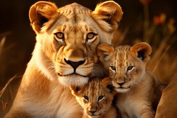 Fototapeta premium mother lioness with her young ones, little lion cubs, cuddles together. family, motherhood in animals. wildlife.