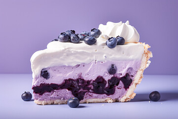 Slice of blueberry fruit pie on violet background