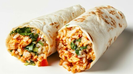 Angular view of Spicy Buffalo Chicken Burrito against a white background