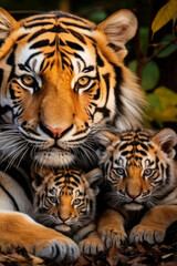 Obraz premium mother tigress with her young ones, little tiger cubs, cuddles together. family, motherhood in animals. wildlife.