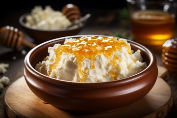 rustic cottage cheese with honey in a bowl on the table in close-up. cooking, serving. snack.