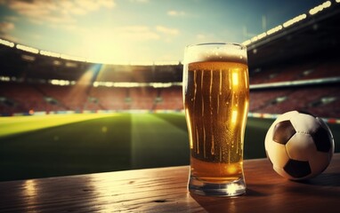 Glass of cold beer perfectly chilled on the soccer football field
