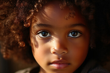 Fototapeta premium Face of serious young afro american girl child with curly hair