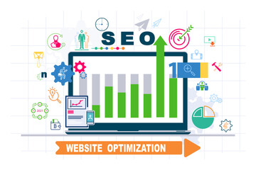 Infographic. Notebook monitor. Top SEO trends to rank your website in 2023. Search Optimizing Website. Business icon template, flat design presentation, sign element.Can be used in business technology