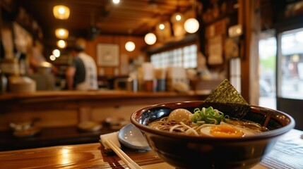 Tonkotsu Ramen against a Japanese noodle shop backdrop