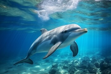 Naklejka premium A dolphin swims underwater in the ocean in natural conditions.