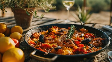 Valencian style Rabbit and Snail Paella against a vineyard backdrop