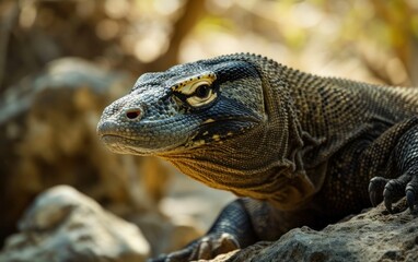 Fototapeta premium Shot of a Komodo dragon alert gaze observing its territory with precision