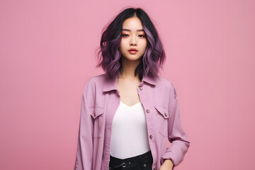 asian girl with nice hairstyle wearing trendy clothes