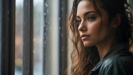 Woman gazing out a rain-streaked window, her face a portrait of reflective melancholy, high resolution, focusing on the mood conveyed by her gaze and the rain. generative AI