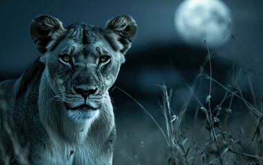 lioness on a nocturnal prowl in the moonlit savannah