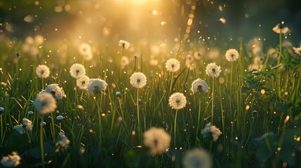A field of dandelions captures the warm, glowing embrace of the golden hour sunlight, with floating seeds adorning the air. - obrazy, fototapety, plakaty