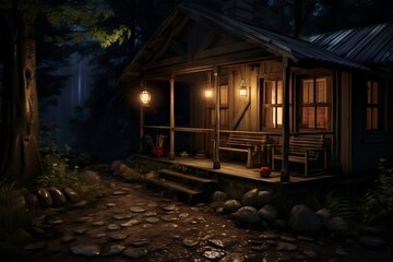 Fototapeta na wymiar Wooden cottage in the forest at night