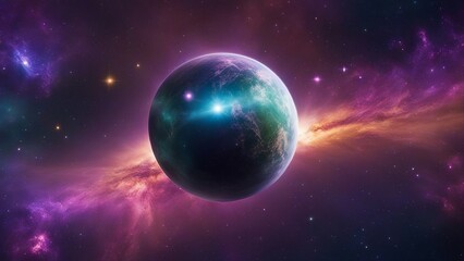 Fototapeta premium earth and sun A spherical panorama of a space scene with a blue and green exoplanet, a purple and pink nebula, 