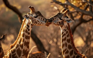 Naklejka premium Close up shot of a giraffe pair engaged in a friendly necking