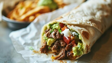 Close up shot of California Burrito on a clean white surface