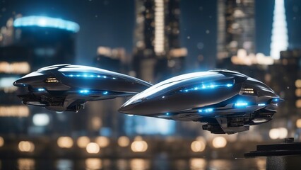  A pair of alien spaceships with a silver and blue hull and curved shapes. The ships have bright beams 