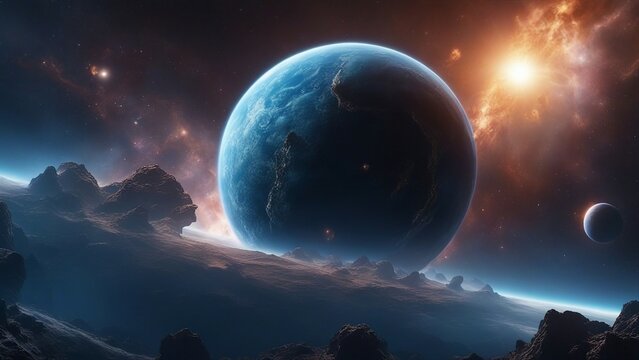 planet in space  A space scene with an alien planet and a blue nebula. The image shows a realistic and detailed view  