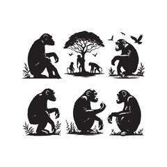 Serene Chimp Symphony: Tranquil Chimpanzee Silhouettes Conveying Harmony in the Wilderness - Chimpanzee Illustration - Chimpanzee Vector
