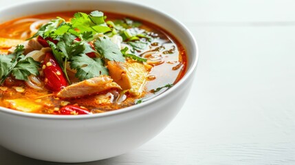 close up of a Tom Yum with Pork against a white backdrop