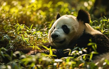 Panda lounging on a sunlit forest floor - obrazy, fototapety, plakaty