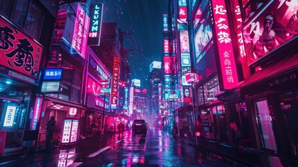 A cyberpunk cityscape, bathed in neon lights and towering skyscrapers.