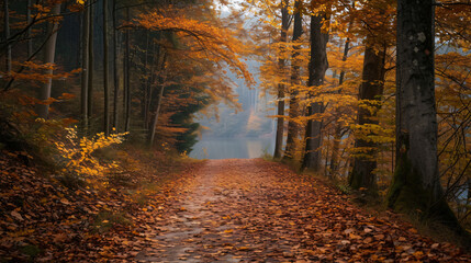 A forest path covered in autumn leaves leading to a hidden lake.