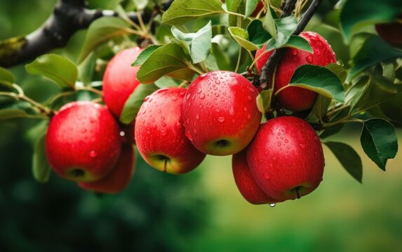 Ripe Red Apples Clustered on Tree Branches in an Apple Orchard