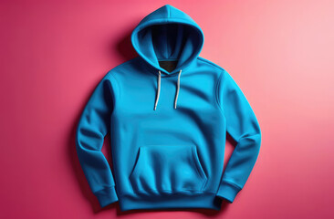 blue hoodie sweatshirt on pink background, flatlay, top view. modern streetwear style.