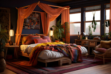 eclectic bedroom with a bohemian canopy bed - obrazy, fototapety, plakaty