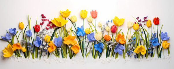 spring flowers border. wallpaper made of colorful spring spring flowers in a white background with copy space. Generative AI